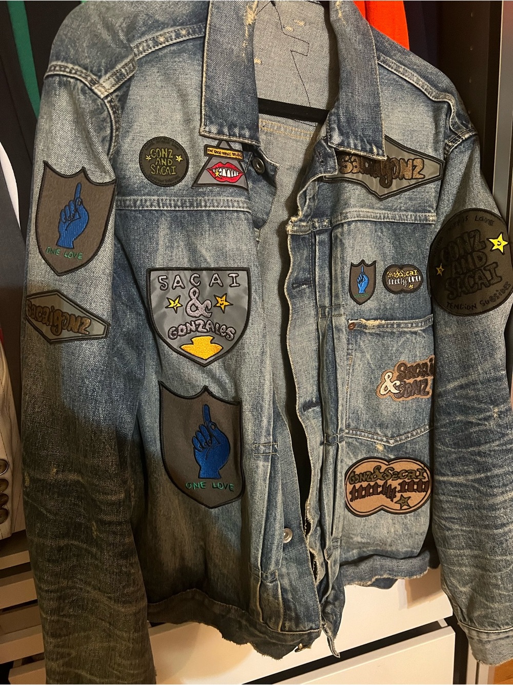 Sacai Blue Patchwork Embroidered Denim Jacket with Patches